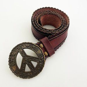 Lucky Brand brown leather rugged peace boho 32" scalloped belt